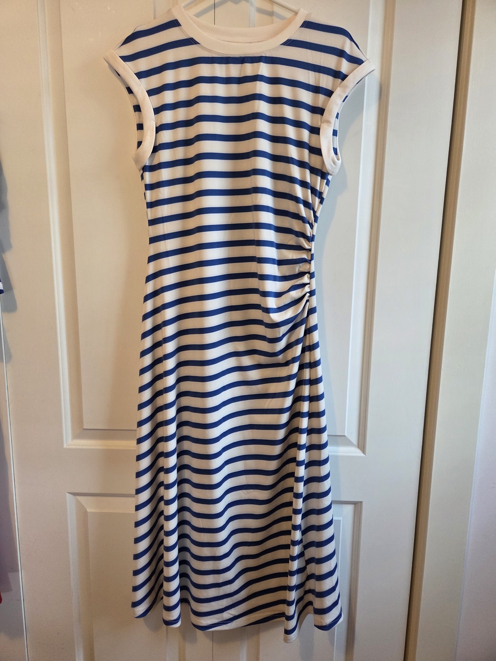 Blue and White Striped Cap-Sleeve T-Shirt Dress
